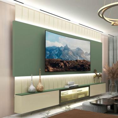 Imagem de Painel para TV 85 Polegadas Soberano 3 Portas 100% Mdf com Led Off White/Verde - Gelius
