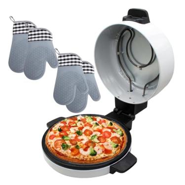 Imagem de forplubossmmp Forno de pizza elétrico, mini forno de pizza antiaderente com placa grande redonda de 11,8"/30 cm, forno de pizza de bancada com luz indicadora vermelha, para a sua família (com luvas)