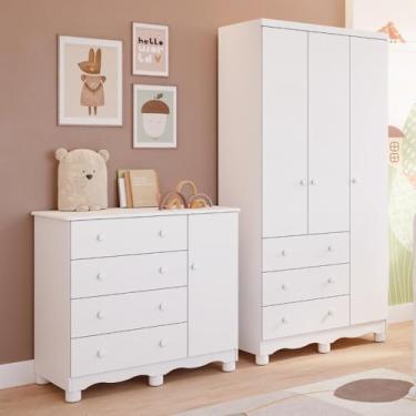 Imagem de Quarto de Bebê Completo Guarda Roupas 3 Portas Cômoda 1 Porta 4 Gavetas 100% MDF Junior