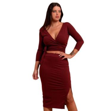 Imagem de Conjunto Feminino Plus Size Transpassada Cropped Envelope Saia Midi Fe