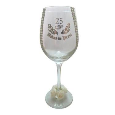 Imagem de Taça Vidro Bodas De Prata 25 Anos Rosas Casal Vinho - Meta Atacado