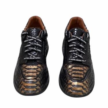 Imagem de Tênis masculino autêntico de couro real casual preto dourado cor serpentina couro exótico genuíno sapato sem cadarço, Preto, dourado, 37