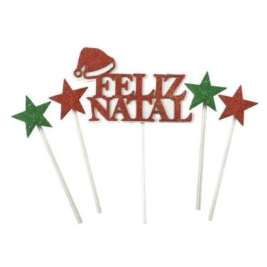 Imagem de Topo Topper de Bolo 15 cm Feliz Natal EVA Branco e Vermelho Vivarte - 