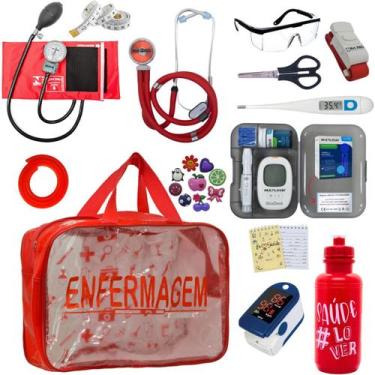 Imagem de Kit Bolsa Transparente Aparelho de Pressão Aneroide Medidor de Glicose