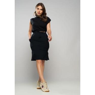 Imagem de Saia Midi Com Recortes Malha Comfort Preta Salvatore Fashion, Preto, P