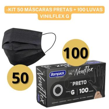 Imagem de Kit 50 Máscaras Tripla Proteção Antibactéria + 100 Luvas Pretas Nitríl