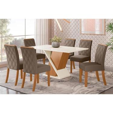 Imagem de Conjunto: Mesa Sala Jantar Solus Tampo Madeirado c/ Vidro Canto Reto 160x90cm e 6 Cadeiras Vita Nature/Suede Light Bege - Henn