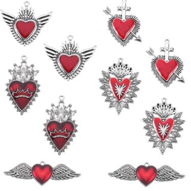 Imagem de SUNNYCLUE 1 caixa, 20 peças, berloques de coração gótico, prata, esmaltado, coração, vintage, vermelho, coração, mexicano, milagro, amuletos de Halloween para fazer joias, brincos de dia dos