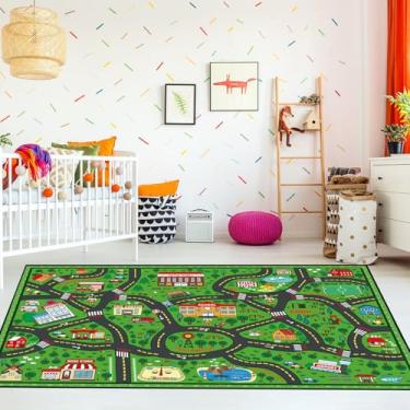Imagem de Tinideya Tapete infantil, tapete para jogador, carro, 1,2 x 1,8 m, tapete de mapa de trânsito, área de jogos educativos para crianças, sala de jogos, sala de aula, quarto (cidade, verde)