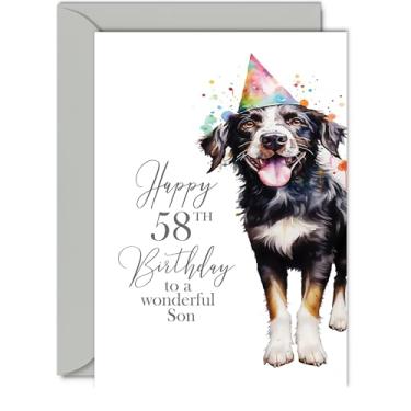 Imagem de Cartões de aniversário de 58 anos para filho - Cão de festa - Cartão de feliz aniversário para filho de 58 anos de idade do pai mãe, cartões de felicitações A5 aniversário homem homem ele presente