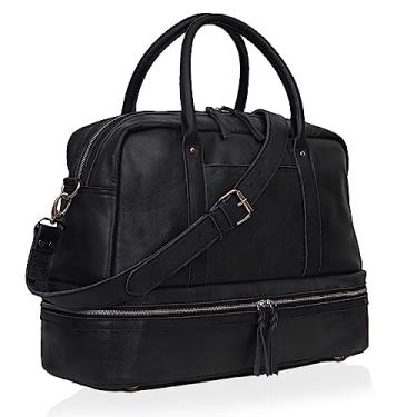 Imagem de Bolsa feminina de couro para fim de semana com compartimento para sapatos, bolsa esportiva feminina grande de fim de semana, melhor presente para esposa, Preto, 20" (L) x 13.5" (H) x 7.5", Bolsa de
