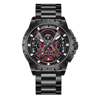 Imagem de RORIOS Relógio masculino moderno, automático, multifuncional, mecânico, relógio de pulso esqueleto, de aço inoxidável, analógico, luminoso, preto, Preto, L, Relógio casual