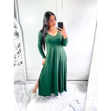 Imagem de Vestido gola V manga longa com bolço e fenda lateral  - Mk Modas, Verd
