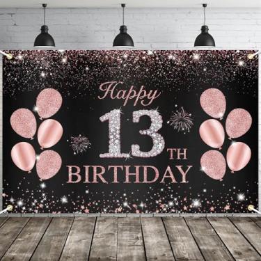 Imagem de JOYKY Faixa de feliz aniversário de 13 anos, decorações de festa de aniversário de 13 anos de ouro rosa para meninas, decoração de pano de fundo de suprimentos de aniversário de 13 anos, 15 x 9 metros