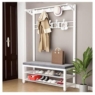 Imagem de Cabideiro, sapato, banco, 4 em 1, hall de entrada, árvore com 15 ganchos e banco de armazenamento de sapatos de 2 níveis, haste de metal para pendurar jaqueta fácil de montar, 172 cm de altura
