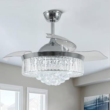 Imagem de Cusp Barn Ventilador De Lustre De Cristal De 42'' Fandelier Ventiladores De Teto Retráteis Com Luz E Controle Remoto, Ventilador De Teto Fandelier Invisível Com Luz Para Quarto (Cristal-Prata)