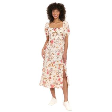 Imagem de bestmobilephonecases Vestido feminino de linho rayon gola redonda manga bufante cintura império comprimento midi fenda lateral verão floral, Creme/coral claro, 44