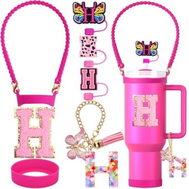 Imagem de ZYBIDEAL Conjunto de acessórios para Stanley Cup, capa de canudo com letra de 0,4 polegadas, alça de garrafa de silicone, bota para Stanley 30 e 1,134 g, pingente inicial e adesivo (letra H, rosa)