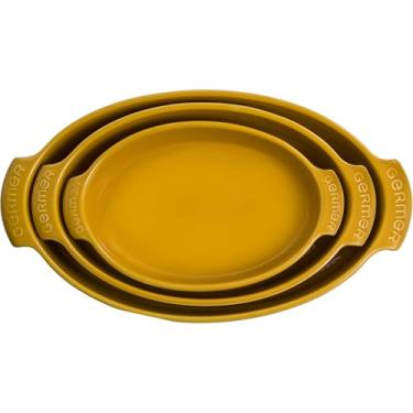 Imagem de Germer, Kit com 3 peças de travessa oval em porcelana, modelo assar ou servir, Funda, 1 25,6X16cm / 1 31,5X18,5cm / 1 38x21,5cm, Amarelo