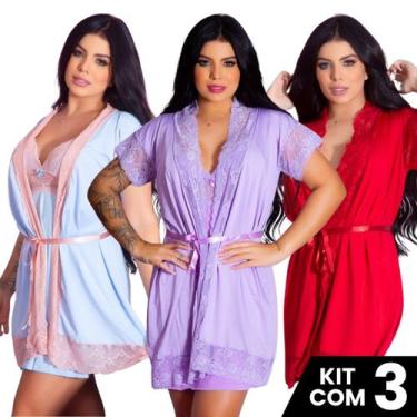 Imagem de Kit 3 Robes Feminino Noiva Sexy Renda Luxo Roupão Banho Kimono Roupa d