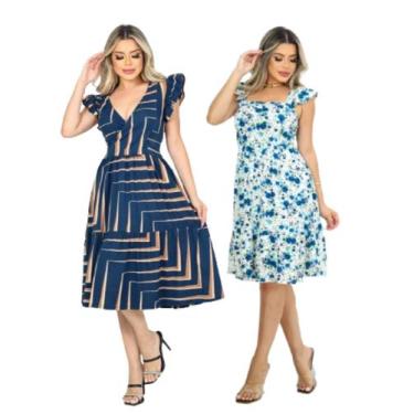 Imagem de Kit 2 Vestido Feminino Midi Manga Curta Evasê Decote Quadrado Babado B