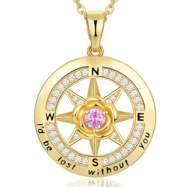 Imagem de Meeshi Colar de bússola banhado a ouro 18 quilates presentes para mulheres aniversário esposa presente de dia dos namorados namorada, joias de aniversário femininas presente para ela Natal mãe dia das mães, eu estaria perdido sem você, Ouro amarelo, Zircônia cúbica