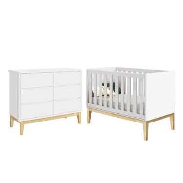 Imagem de Jogo de Quarto Infantil Classic Cômoda 6 Gavetas e Berço com Pés Madeira Natural - Reller Móveis Branco Fosco