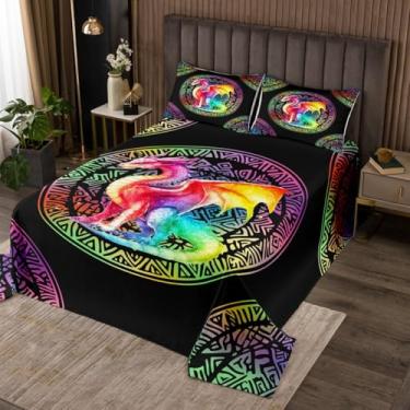 Imagem de Conjunto de cobertor de dragão ocidental, tamanho queen, arco-íris, gradiente, animal selvagem, durável, para meninas e adolescentes, conjunto de colcha de poliéster macio, geométrico, arte exótica