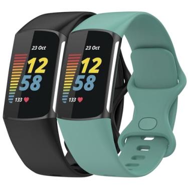 Imagem de Anuoli Pacote com 2 pulseiras compatíveis com Fitbit Charge 6 Charge 5, pulseira de substituição de silicone macio para mulheres e homens (preto_verde, grande (18 cm a 23 cm)