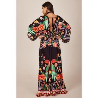 Imagem de Vestido Longo Com Decote Em V Cavado Preto Estampado Yacamim C12-Feminino
