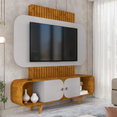 Imagem de Estante Home Ripado para TV Até 75 Polegadas 2 Portas com Pés de Madeira Maciça Embaú Bechara - Naturale/Off White