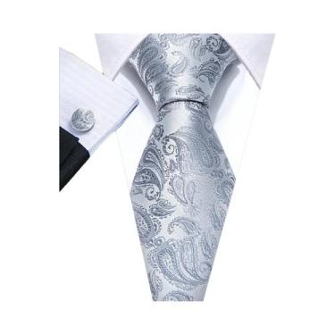 Imagem de Conjunto de Gravata e Abutões Masculinos - Seda Jacquard Preto, Branco