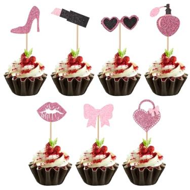 Imagem de 35 peças de topos de cupcake de princesa, topper de cupcake com glitter rosa, óculos de salto alto, lábios, batom, perfume, gravata borboleta, meninas, palhetas de cupcake para festa de farpa