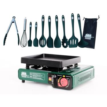 Imagem de King Kooker Mr. Outdoors Fogão de butano para cozinhar com bolsa de transporte, chapa de alumínio de 23 cm, conjunto de utensílios revestidos de silicone com 10 peças