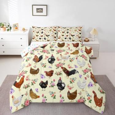 Imagem de Feelyou Conjunto de cama queen com frango, animais fofos, bege, decoração de animais de fazenda, floral, conjunto de edredom para quarto e quarto