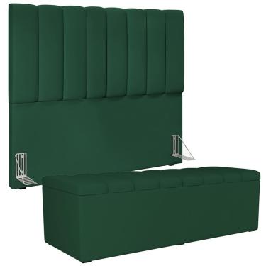 Imagem de Kit Cabeceira Cama Box Casal Dália W01 140cm Suede Madeira Verde Musgo com Baú