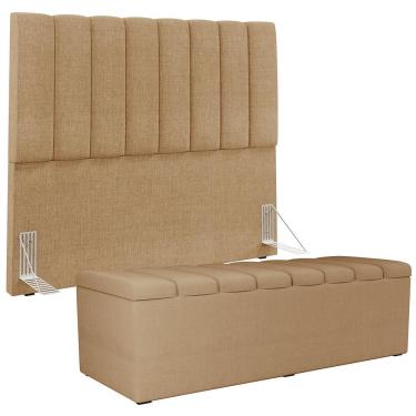 Imagem de Kit Cabeceira Cama Box Casal 140cm Calçadeira Recamier Baú Dália W01 Linho Madeira Bege...