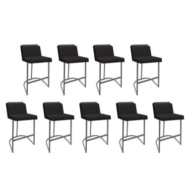 Imagem de Kit 09 Banquetas Com Encosto Nynna Luxo Confort Bistrô Cozinha Ferro Prata Suede Preto - Amey Decor