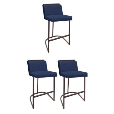 Imagem de Kit 03 Banquetas Com Encosto Confort Bistrô Cozinha Ferro Marrom Linho Azul Marinho Amey Decor