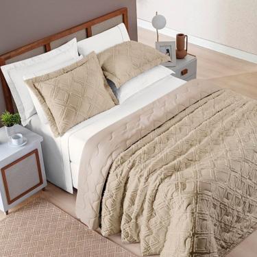 Imagem de Kit Cobre Leito Colcha Katarine Queen 03 Peças Dupla Face Micropercal 300 Fios Detalhado - Cáqui