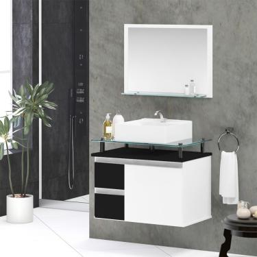 Imagem de Conjunto Gabinete Banheiro 2 Gavetas 1 Porta 60cm Com Espelheira Diamante - Preto - Preto