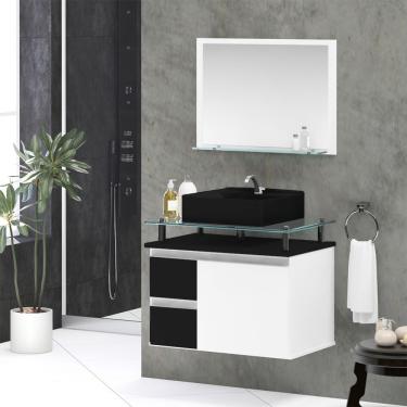 Imagem de Conjunto Gabinete Banheiro 2 Gavetas 1 Porta 60cm Com Espelheira Diamante - Preto - Com Cuba Preta - Preto