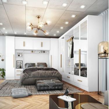 Imagem de Quarto Modulado Casal Completo 6 Peças 6 Portas 5 Gavetas Com Maleiro E Espelhos Smart Plus Branco