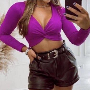 Imagem de Cropped Nozinho Canelado Manga Longa Moda Blogueira - Filó Modas, M, P