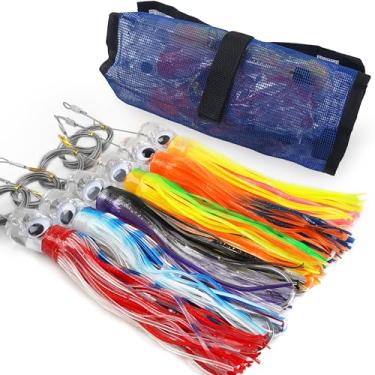 Imagem de 6 iscas para pesca de água salgada, 23 cm com saia de lula, kit de iscas de pesca em alto mar, atum, marlin, wahoo, tubarão, mahi, pesca com bolsa de malha