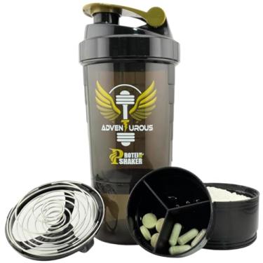 Imagem de Protein Shaker Garrafa com armazenamento para pó e pílulas – à prova de vazamento, livre de BPA, copo misturador suave aventureiro para shakes de proteína, 473 ml, dourado