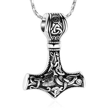 Imagem de Colar de urna de nó celta de aço inoxidável nórdico Mjolnir Thor Hammer para cinzas para mulheres e homens com pingente de urna de nó celta para suporte de cinzas lembrança joia memorial, Metal, aço