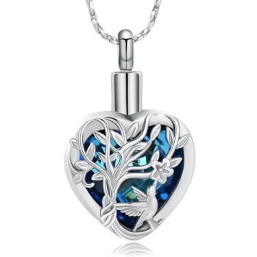 Imagem de Imrsanl Árvore da vida joia de cremação para cinzas colar de urna de coração de cristal para mulheres e homens beija-flor pingente memorial cinzas titular lembrança, Aço inoxidável, Sem Pedra Preciosa