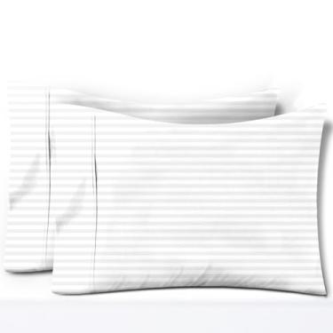 Imagem de TEXAS LINEN CO. Conjunto de 2 fronhas 100% algodão egípcio, 600 fios, listra branca padrão/queen fronha para dormir, macia, de cetim, fronhas de grampo extra longas