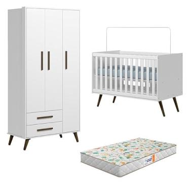 Imagem de Berço Americano 3820 e Guarda Roupa 3830 Q Encanto Retrô Branco Acetinado com Colchão Gazin- Qmovi
